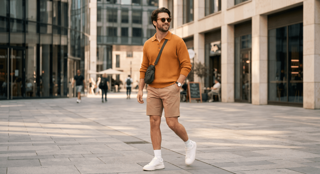What are the Latest Fashion Trends for Men? (2026 Expert Guide) man wearing 2026 men's fashion trends including a knit polo, warm color, and tailored shorts