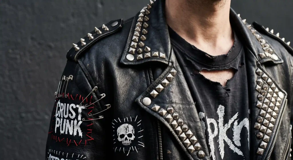 Alternative Fashion for Men: The Styles, Explained Studded leather jacket with patches, a core punk men's fashion piece