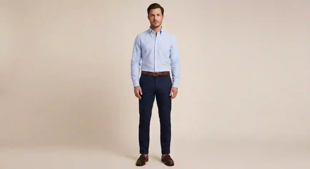 Business casual outfit for short men featuring navy tapered trousers and light blue dress shirt