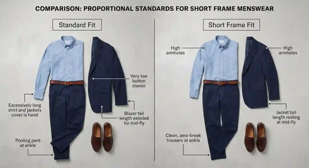 Diagram comparing standard menswear sizing flaws against proper short-frame garment proportions
