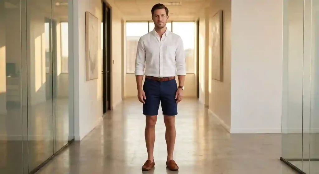 Tailored 7-inch chino shorts styled with long sleeve linen shirt for modern office environments.