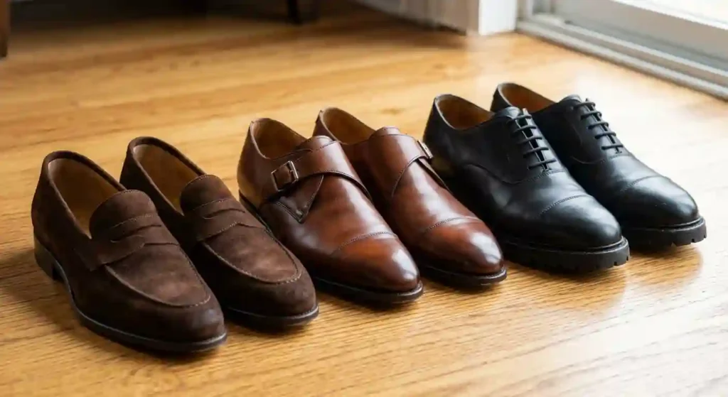 Low-vamp suede loafers and monk strap dress shoes for short men.