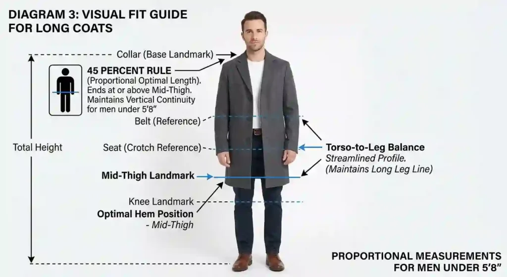 Diagram showing a wool coat for short men ending at mid-thigh.