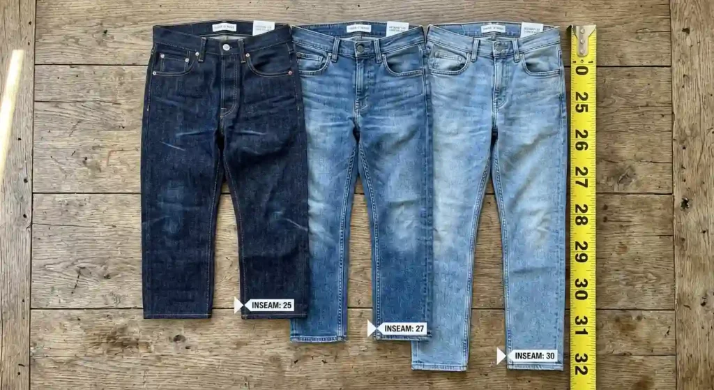 flat lay of three pairs of jeans for short men with a tape measure showing 25, 27, and 30 inch inseams