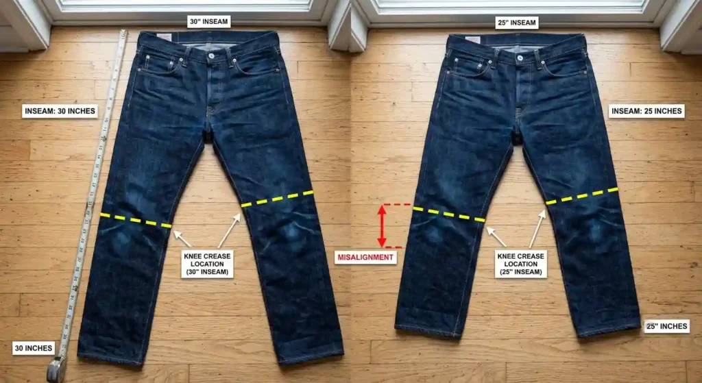 Flat lay comparing a 30 inch inseam jean beside a 25 inch inseam jean, knee creases marked to show misalignment 