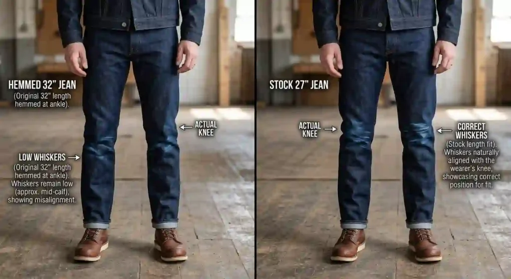 side by side comparison of a hemmed 32 inch jean and a stock 27 inch jean showing knee whisker position