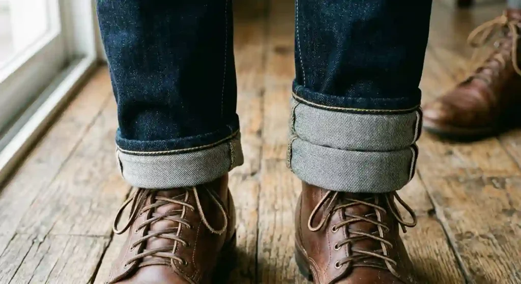 Close comparison of a single half-inch cuff against a triple-stacked cuff on the same jean