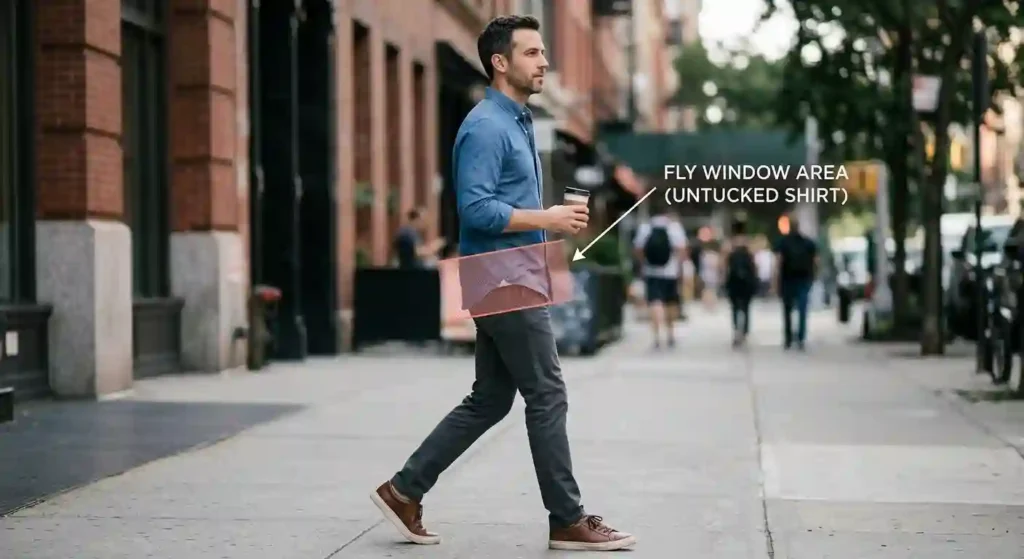 Side profile of a man in an untucked shirt with the fly window marked as a shaded band