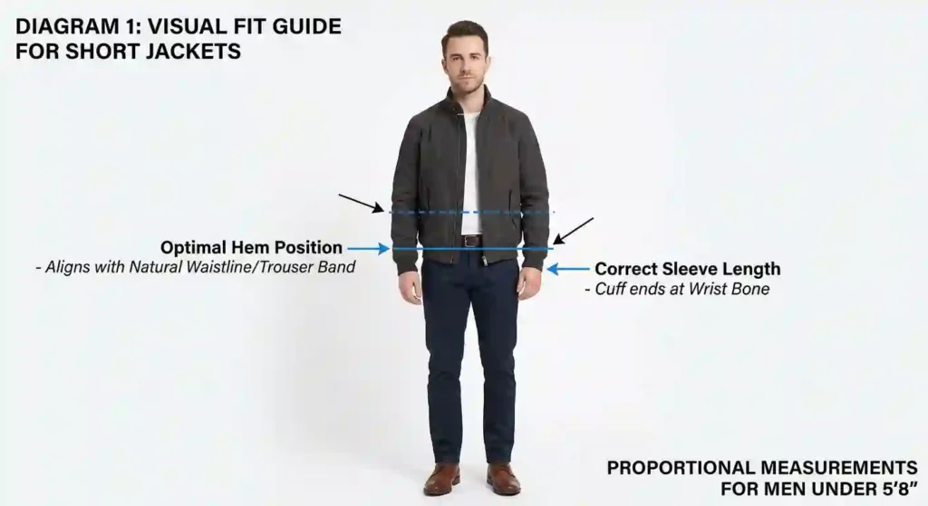 Diagram showing the ideal short length jacket for men ending at the natural waist. 