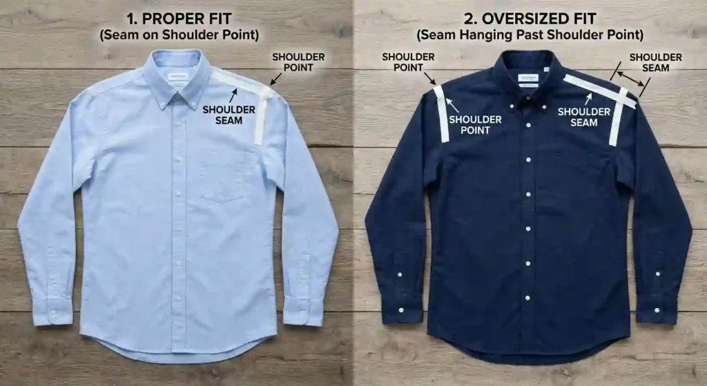 Two button-down shirts laid flat with shoulder seams marked in tape, one landing on the shoulder point and one hanging past it