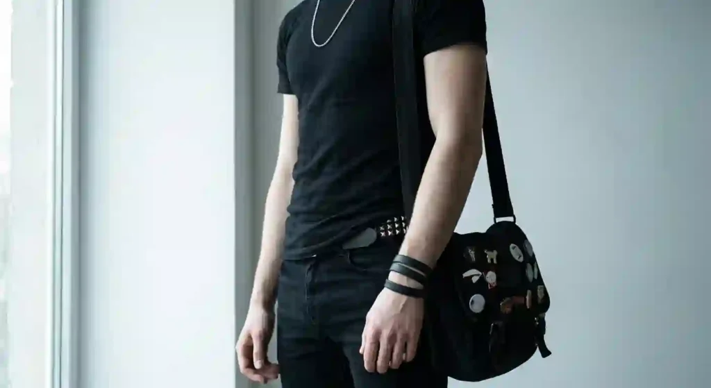 Where emo hardware sits on a man: studded belt at the hip, wristbands, neck chain and pinned bag