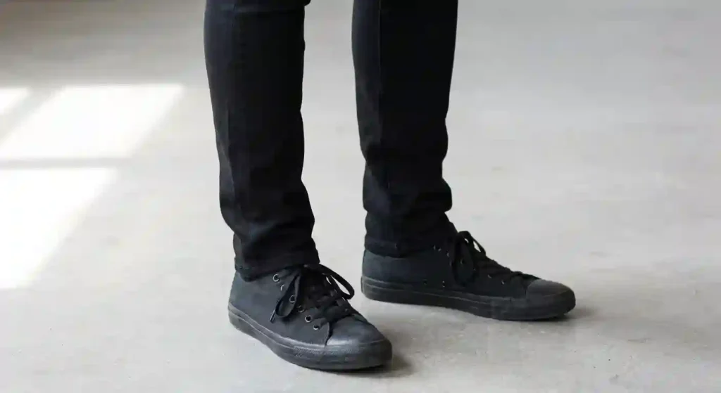 Slim black denim tapered to a narrow leg opening breaking over low top canvas sneakers