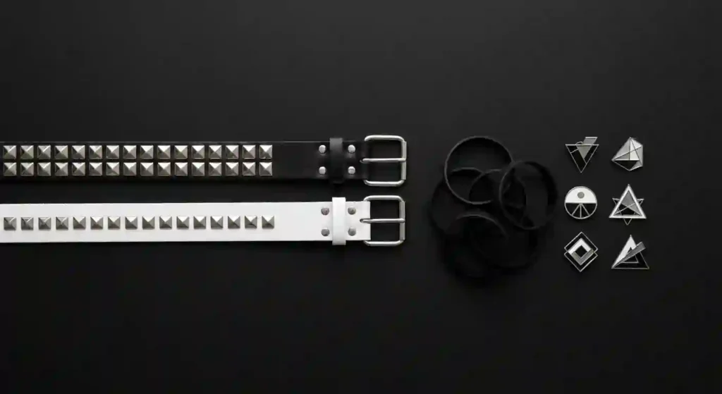 Black and white studded belts with rubber wristbands and pins, the core emo hardware for men