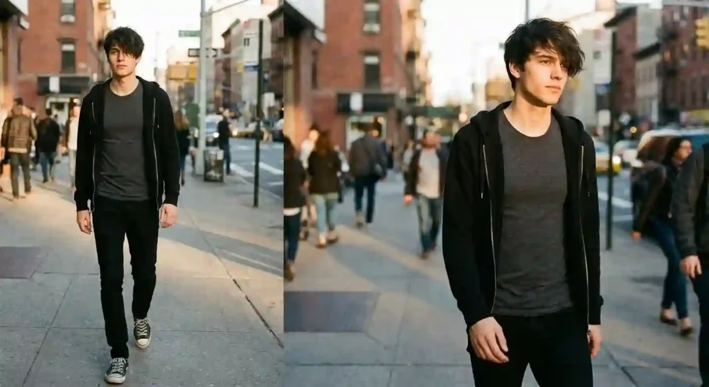 Modern emo menswear worn as everyday clothing with a slim taper jean and textured hair