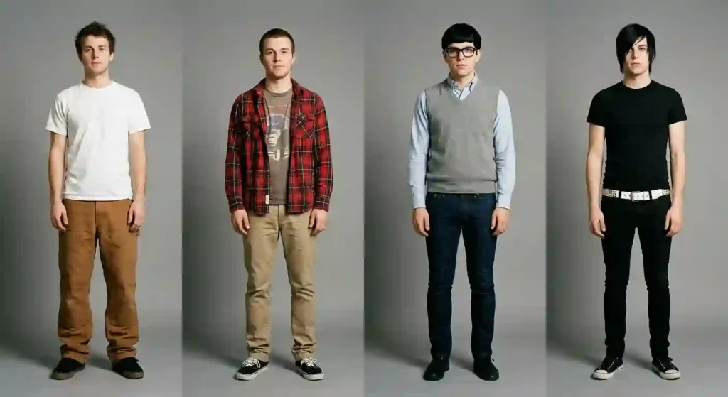 Emo fashion for men shown as a full outfit with slim black denim, fitted band tee and studded belt