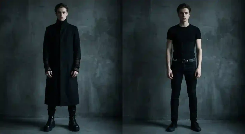 Emo and goth menswear compared, showing goth volume and layering against the narrow emo silhouette